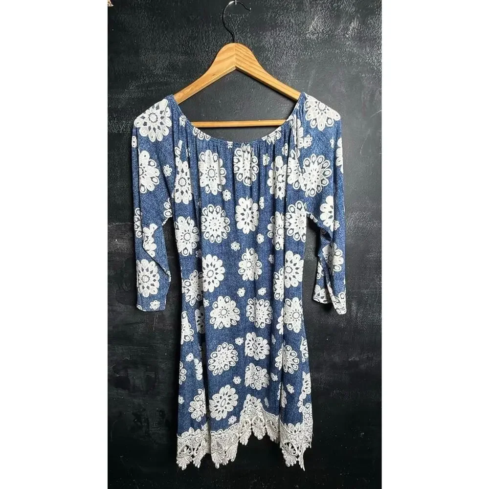 Pink Coconut Blue Floral Lace Hem Dress - Picture 3 of 8